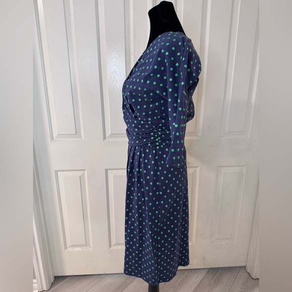 J Peterman Dress Sz 10 Faux Wrap Zip Back Ruching Blue Polka Dots V Neck Party - Picture 2 of 8
